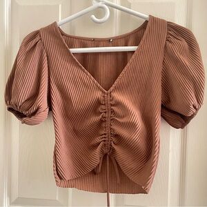 PRINCESS-SLEEVE RIBBED RUSHED BLOUSE
